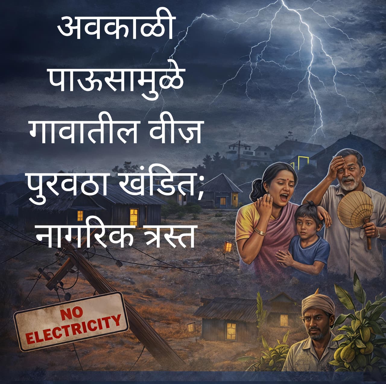 अवकाळी पावसाचा दुहेरी फटका: नायगाव मध्ये १८ तासांपासून वीज खंडित; नागरिक त्रस्त: Double hit of unseasonal rain: Power cut in Naigaon for 18 hours; Citizens suffer