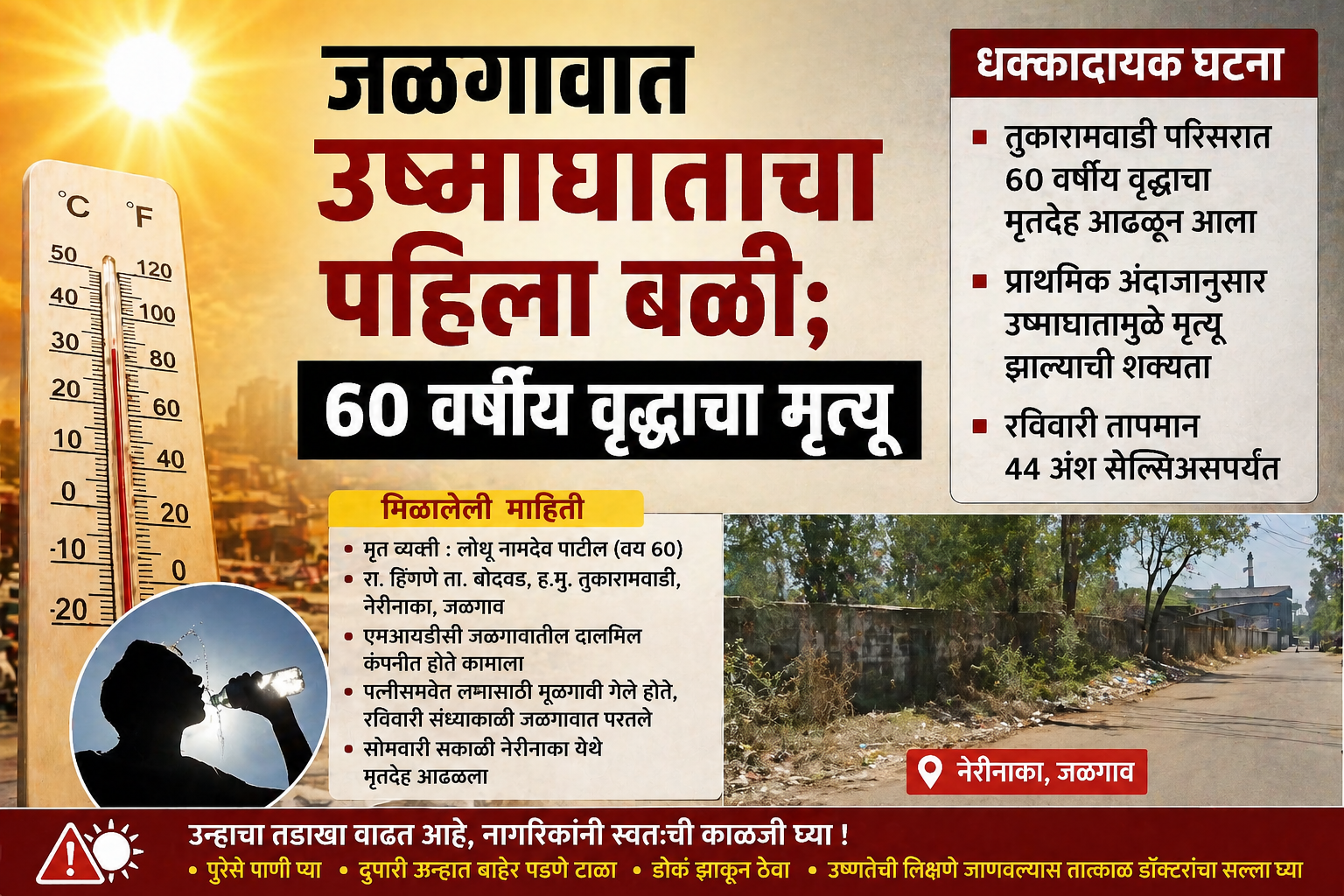जळगावात उष्माघाताचा पहिला बळी; ६० वर्षीय वृद्धाचा मृत्यू
