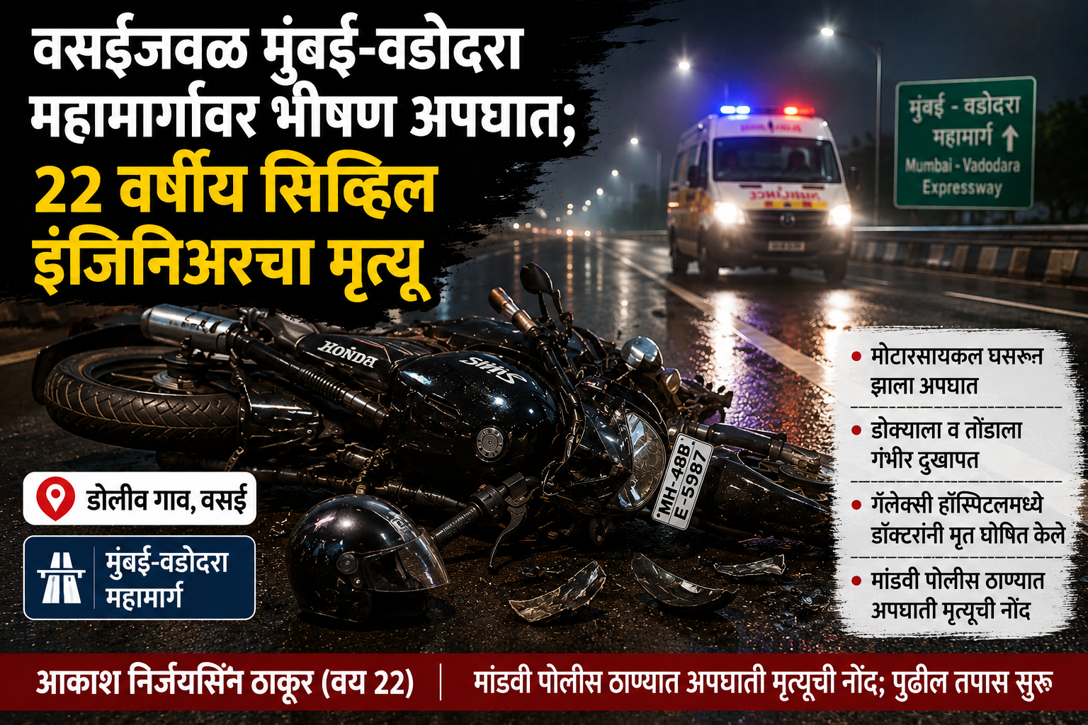 वसईजवळ मुंबई-वडोदरा महामार्गावर भीषण अपघात; २२ वर्षीय सिव्हिल इंजिनिअरचा मृत्यू