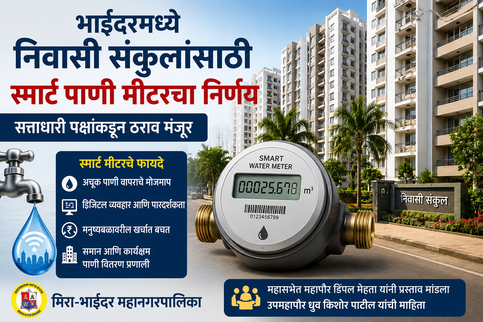 भाईंदरमध्ये निवासी संकुलांसाठी स्मार्ट पाणी मीटरचा निर्णय; सत्ताधारी पक्षांकडून ठराव मंजूर