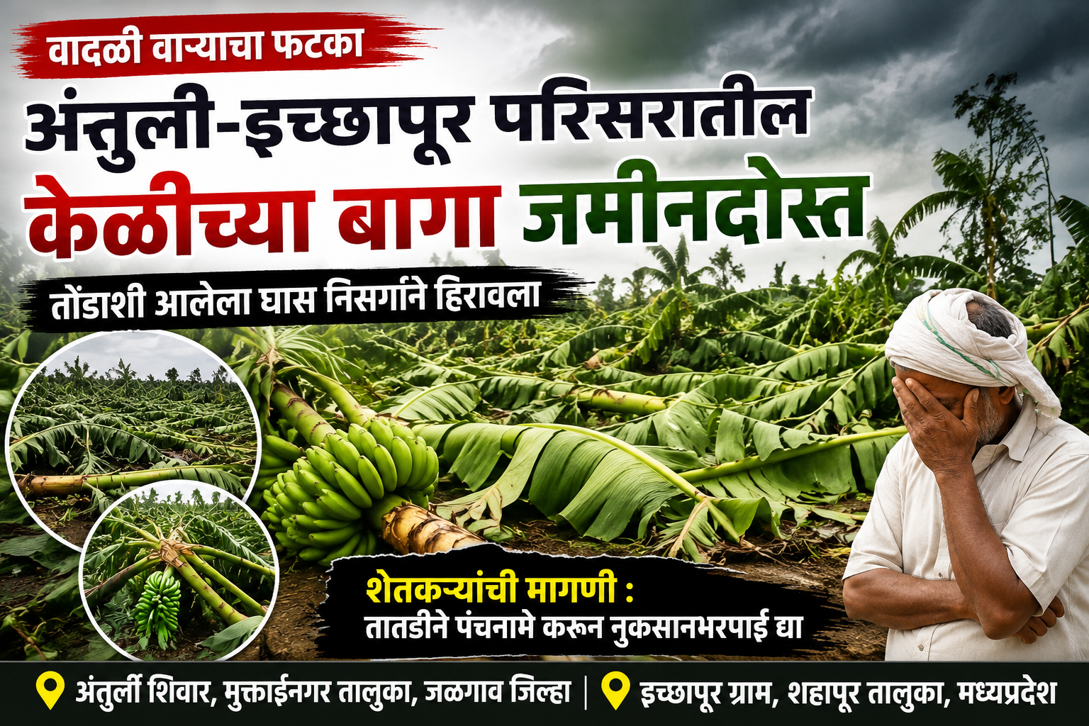 वादळी वाऱ्याचा केळी उत्पादकांना जबर फटका; अंतुर्ली व इच्छापूर परिसरातील हजारो झाडे जमीनदोस्त