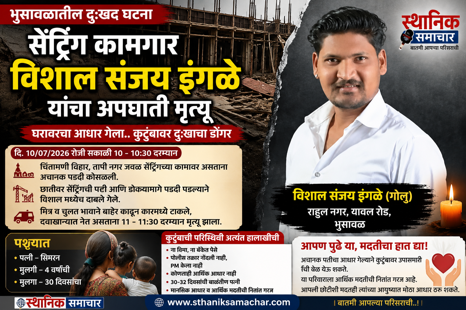 भुसावळातील सेंट्रिंग कामगार विशाल इंगळे यांचा अपघाती मृत्यू; ३० दिवसांच्या बाळासह कुटुंबावर दुःखाचा डोंगर