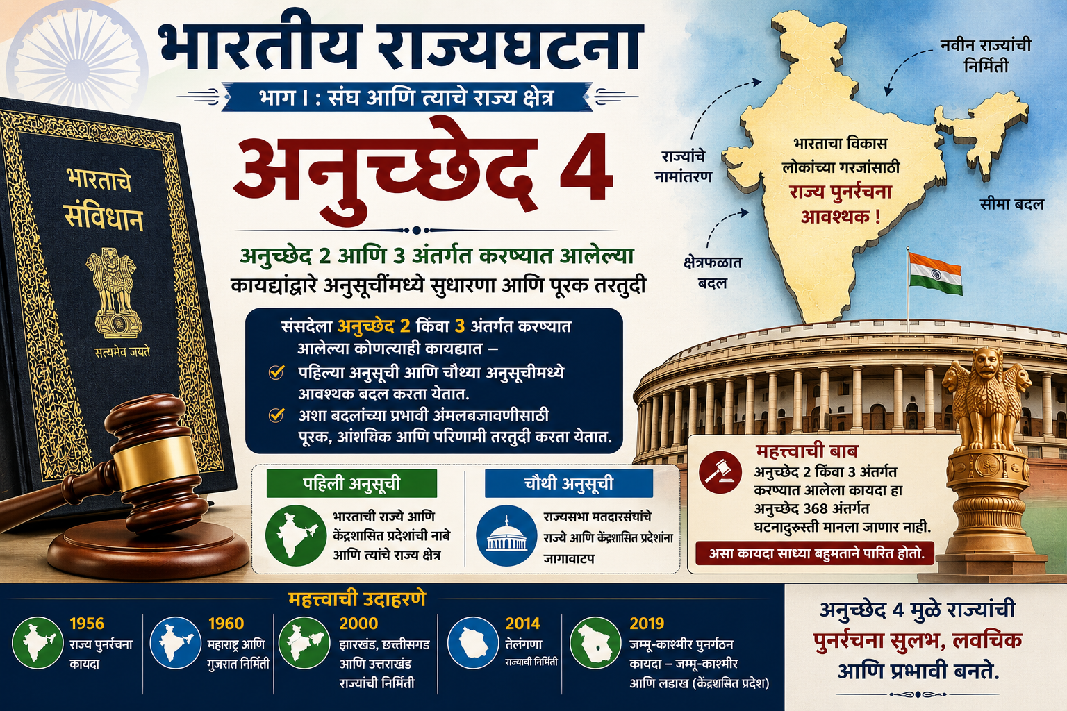 भारतीय राज्यघटना : अनुच्छेद ४ मधून जाणून घ्या राज्य पुनर्रचना, अनुसूचीतील बदल आणि संसदेचे घटनात्मक अधिकार