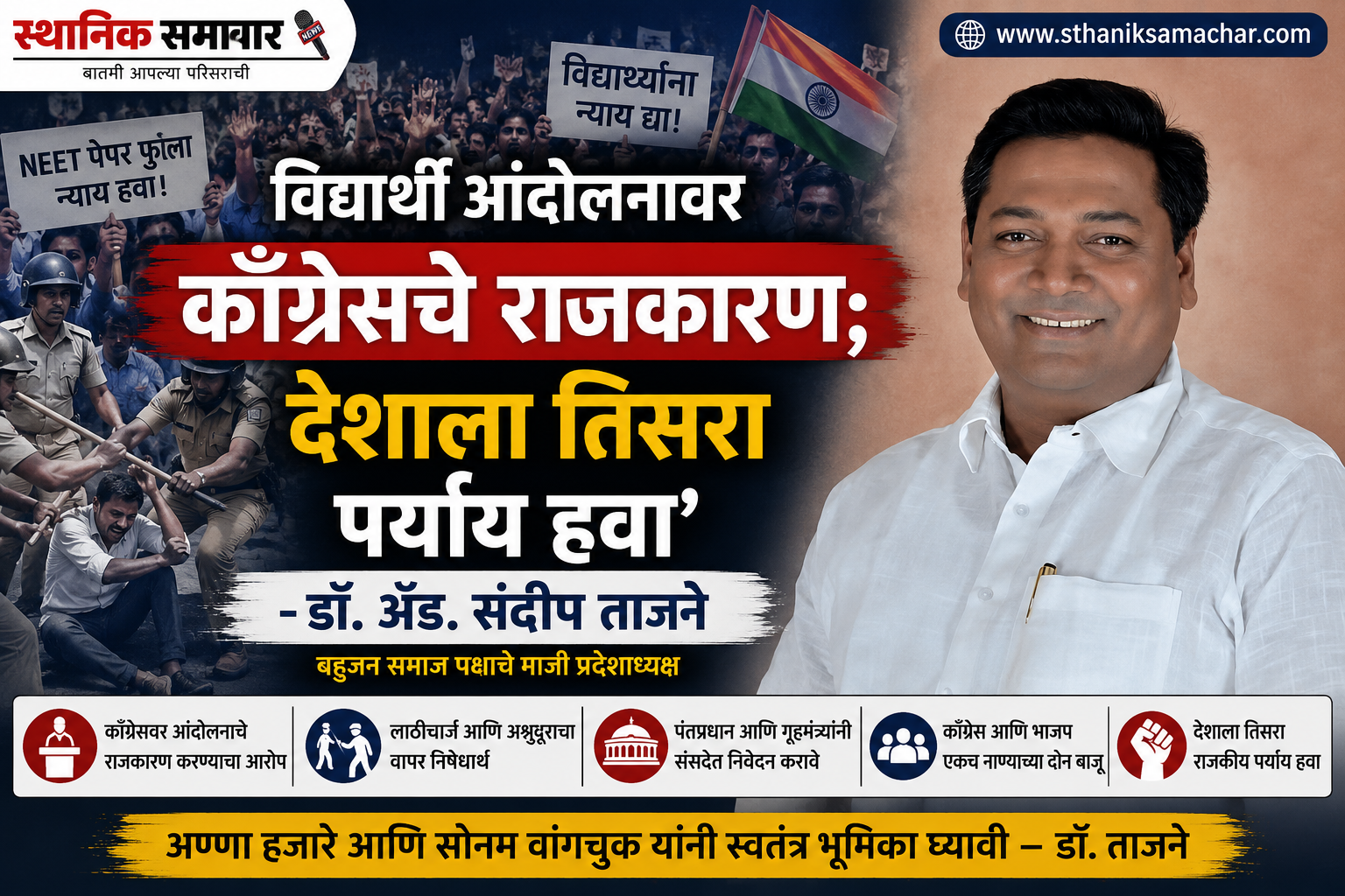 विद्यार्थी आंदोलनावर काँग्रेसचे राजकारण; देशाला तिसरा पर्याय हवा’ – डॉ. ॲड. संदीप ताजने