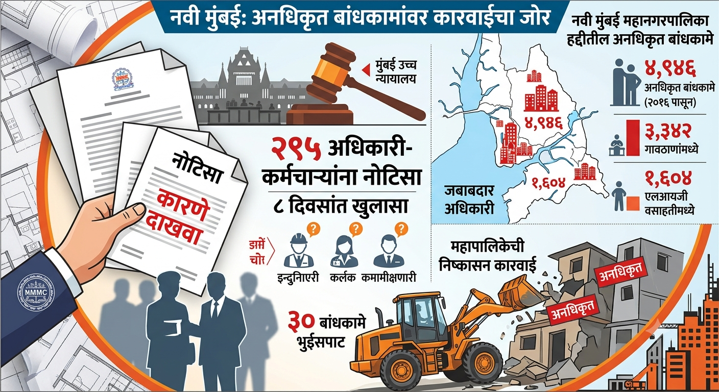 नवी मुंबईतील ४,९४६ अनधिकृत बांधकामांप्रकरणी २९५ अधिकारी-कर्मचाऱ्यांना नोटिसा; आठ दिवसांत खुलासा मागवला