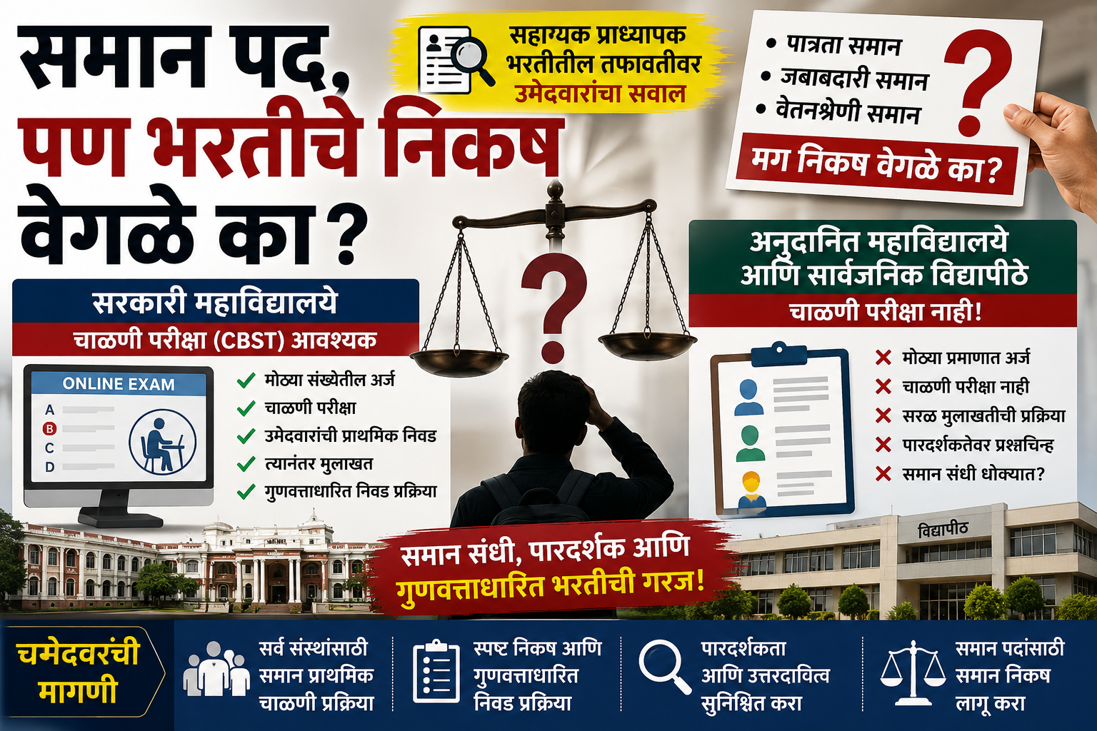समान पद, पण भरतीचे निकष वेगळे का?; सहायक प्राध्यापक भरतीतील तफावतीवर उमेदवारांचा सवाल ;सरकारी महाविद्यालयांसाठी चाळणी परीक्षा, मग अनुदानित महाविद्यालये व सार्वजनिक विद्यापीठांसाठी वेगळी पद्धत का?; समान संधीची मागणी