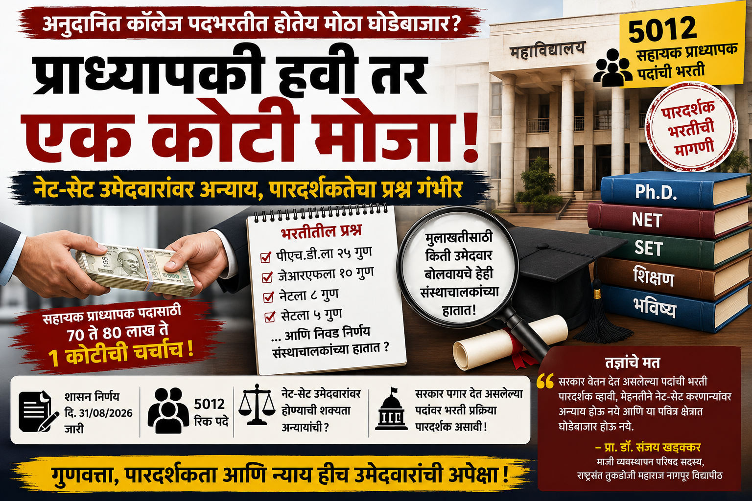 प्राध्यापकी हवी तर कोटींचा व्यवहार?; अनुदानित महाविद्यालयांतील भरती प्रक्रियेवर गंभीर प्रश्न ;५,०१२ सहायक प्राध्यापक पदांच्या भरतीत पारदर्शकतेची मागणी; नेट-सेट उमेदवारांमध्ये अस्वस्थता